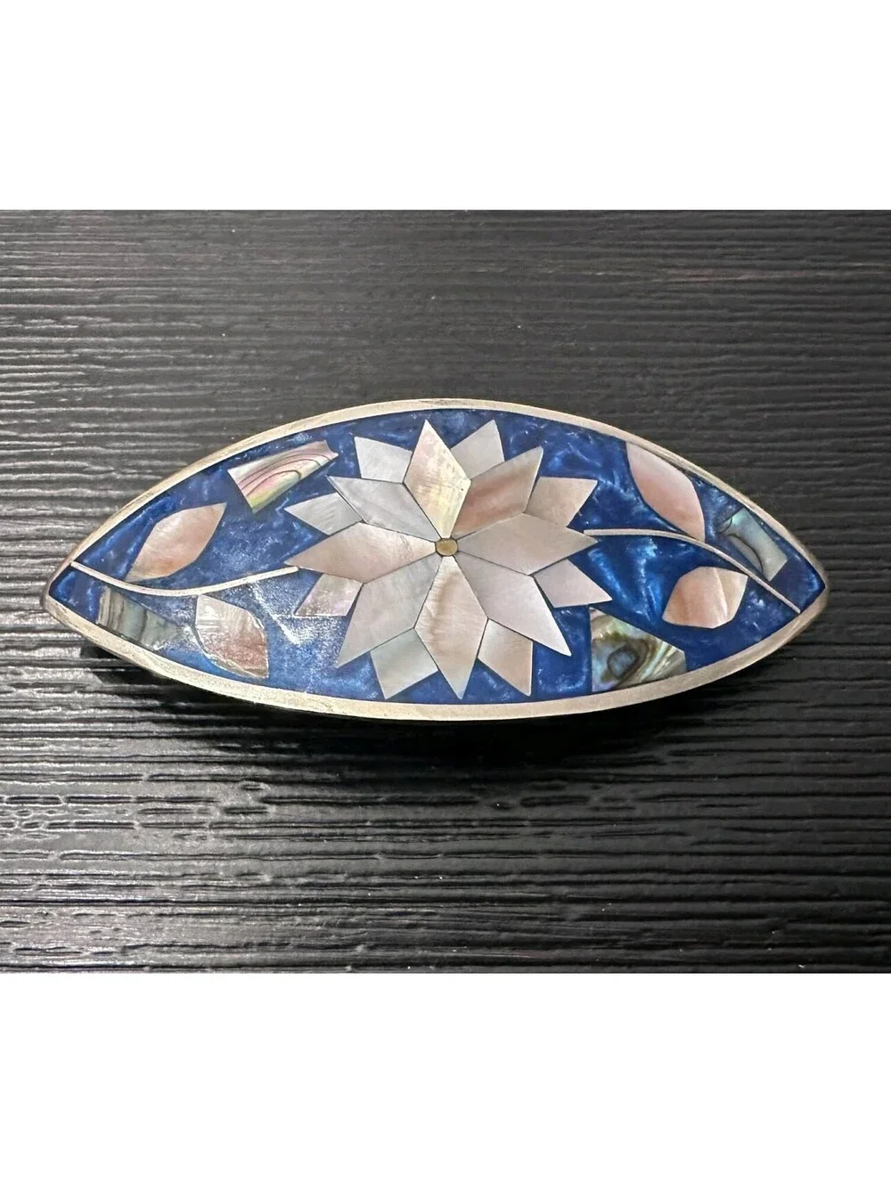 Vintage Alpaca Mexico Mother Of Pearl Abalone Inlay Floral Barrette Hair Clip
